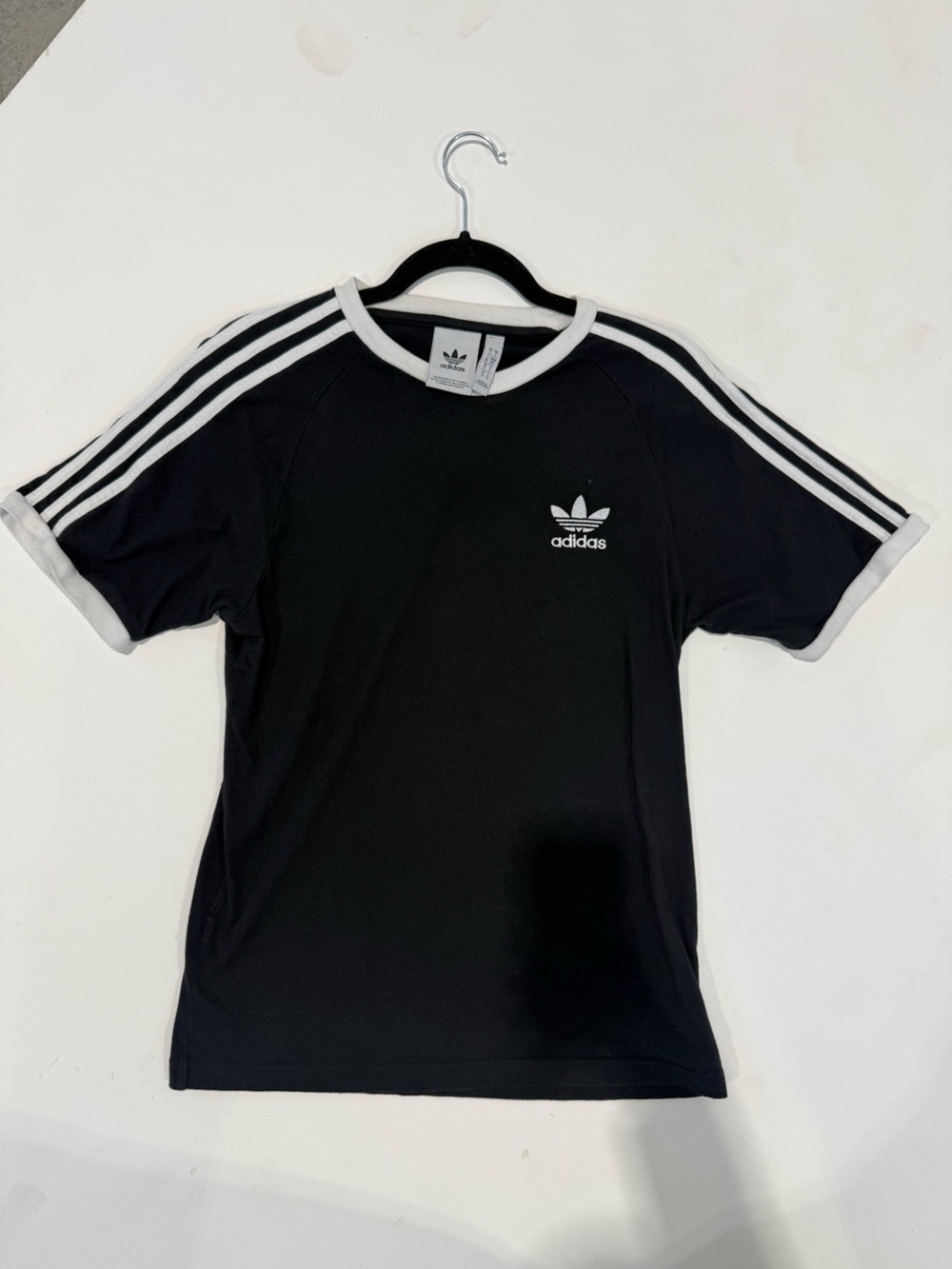 adidas Black Tee with White Trefoil and Shoulder Stripes